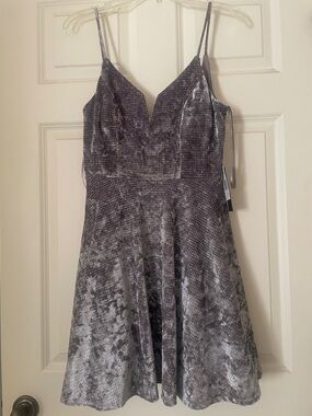 Silver Crushed-Velvet Mini Dress with Spaghetti Straps